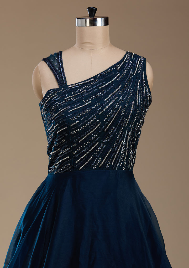Navy Blue Stonework Satin Gown