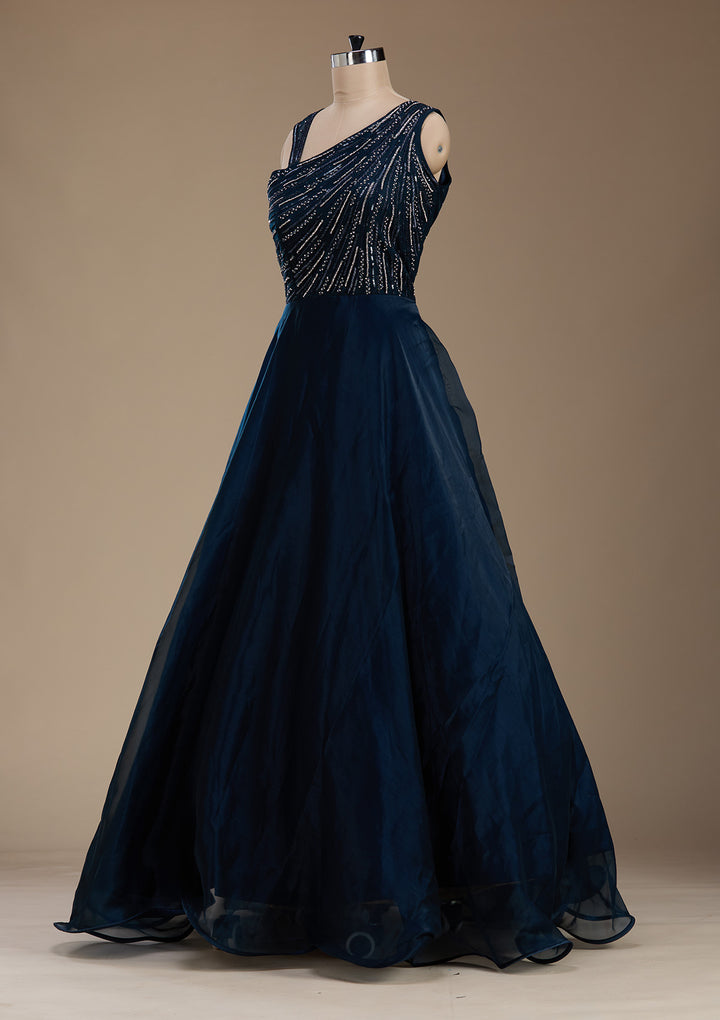 Navy Blue Stonework Satin Gown