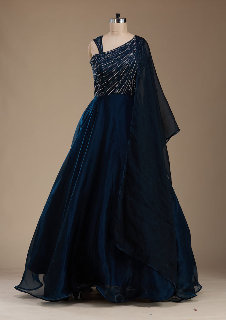 Navy Blue Stonework Satin Gown