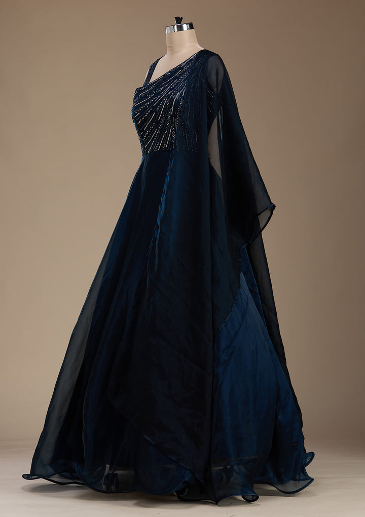 Navy Blue Stonework Satin Gown