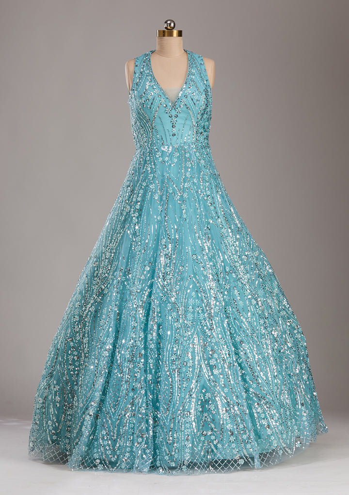 Sea Green Sequins Net Readymade Lehenga