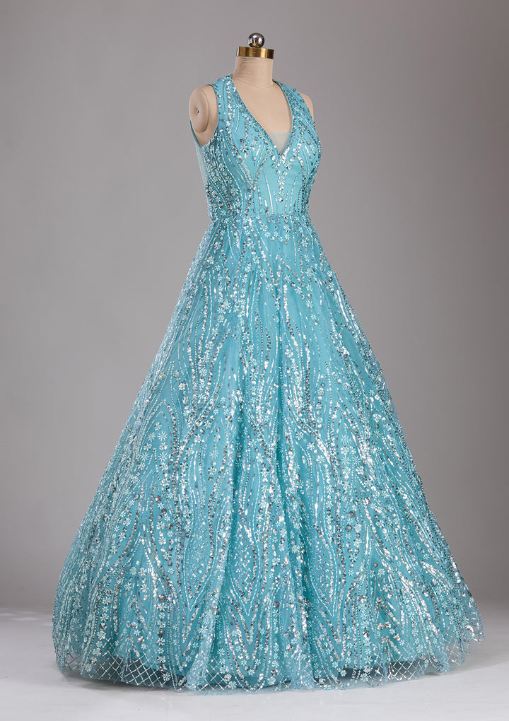 Sea Green Sequins Net Readymade Lehenga