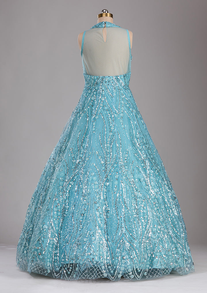 Sea Green Sequins Net Readymade Lehenga