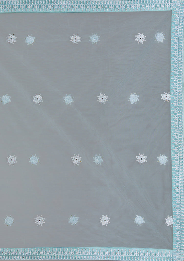 Sky Blue Silver Stonework Net Readymade Lehenga