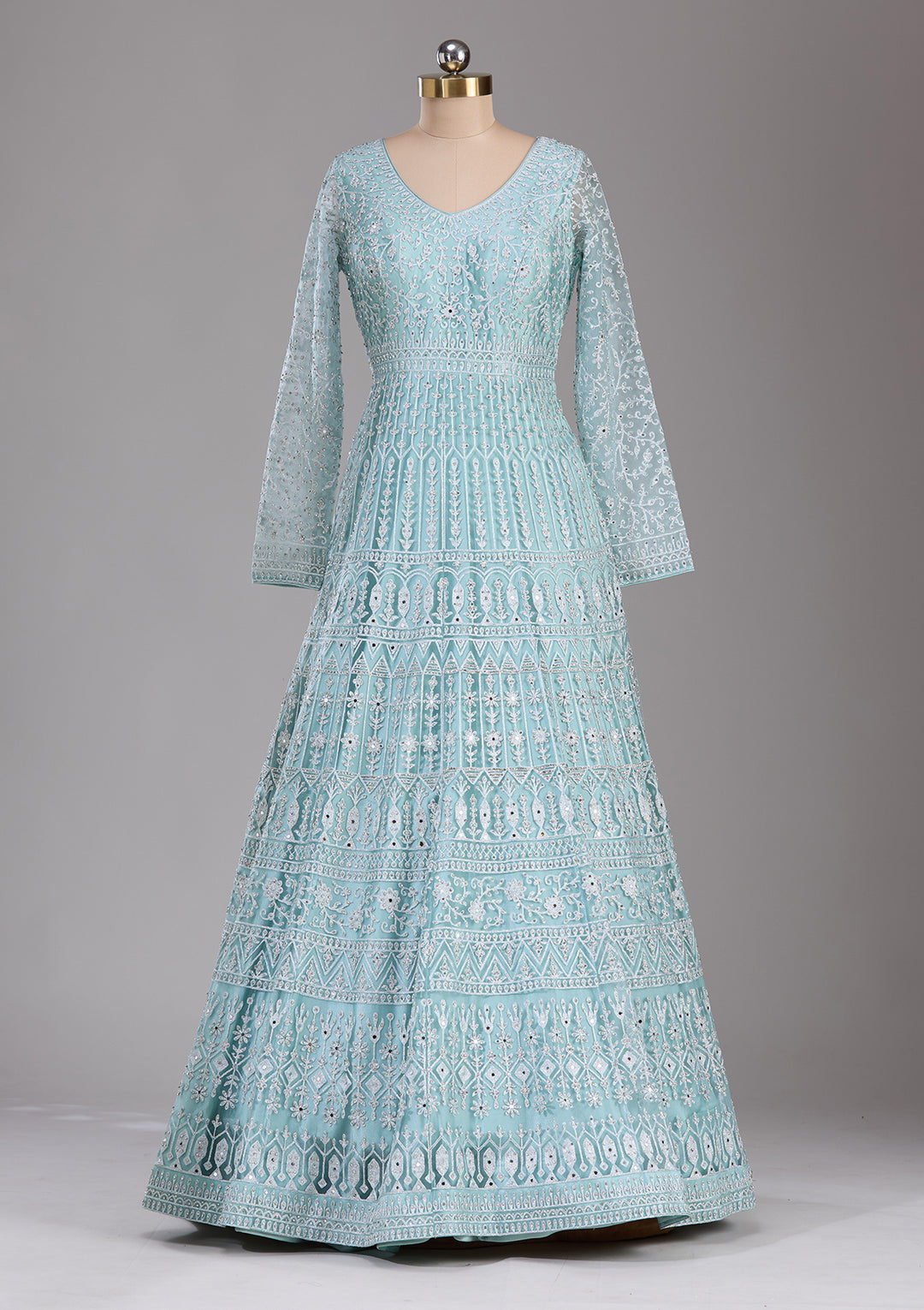 Sky Blue Silver Stonework Net Readymade Lehenga
