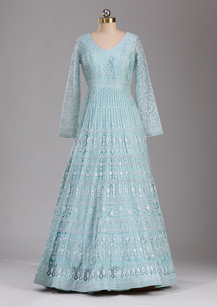 Sky Blue Silver Stonework Net Readymade Lehenga