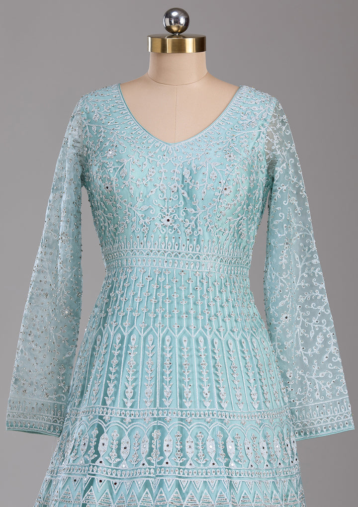 Sky Blue Silver Stonework Net Readymade Lehenga