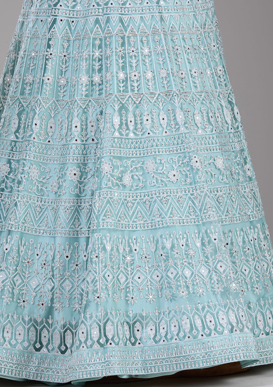 Sky Blue Silver Stonework Net Readymade Lehenga