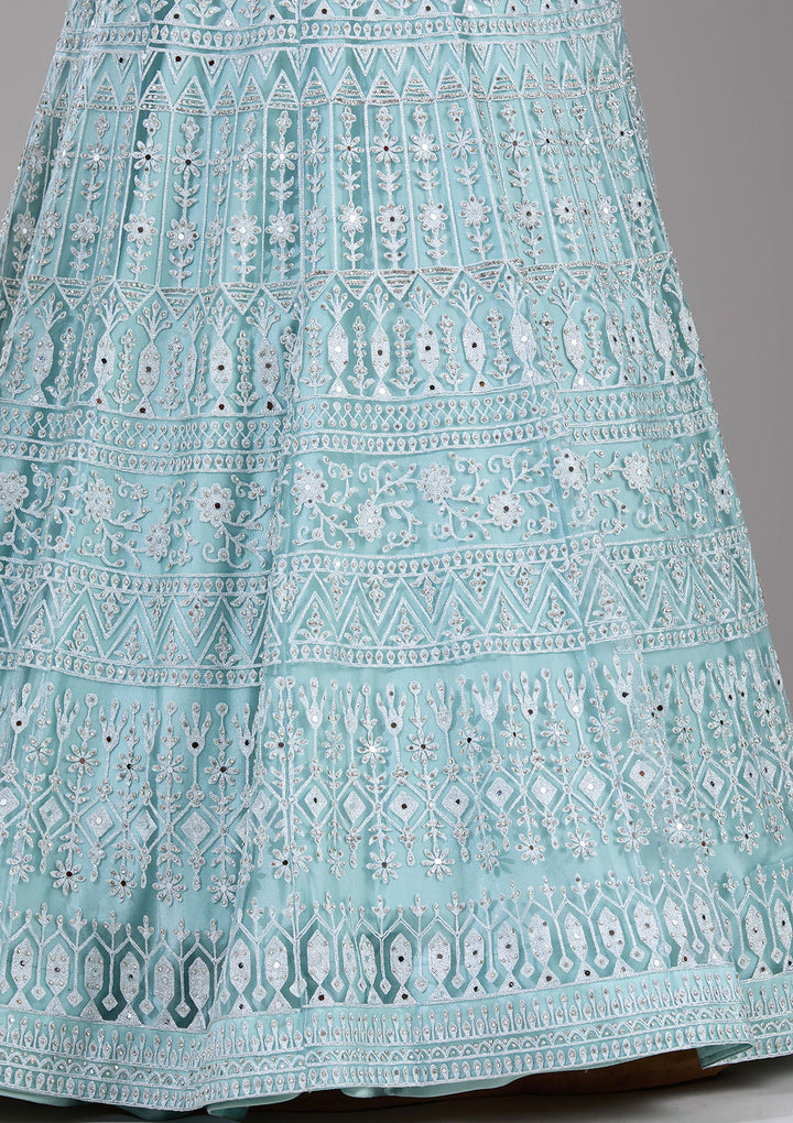 Sky Blue Silver Stonework Net Readymade Lehenga
