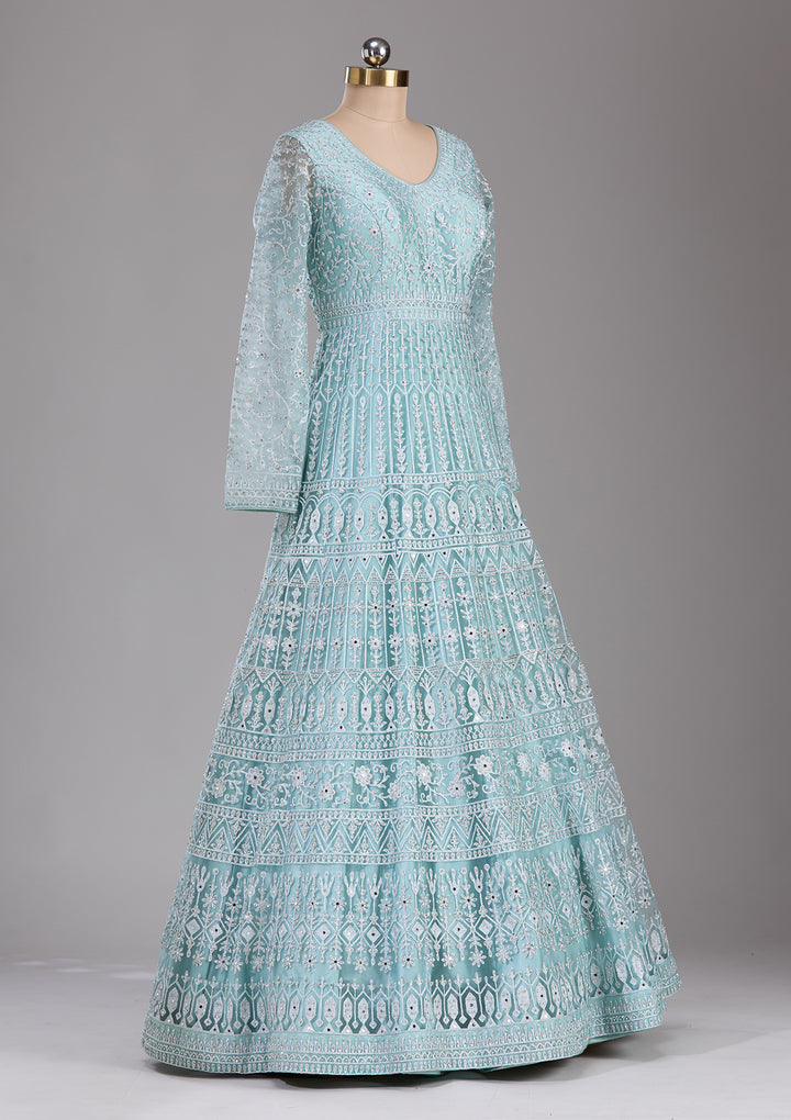 Sky Blue Silver Stonework Net Readymade Lehenga