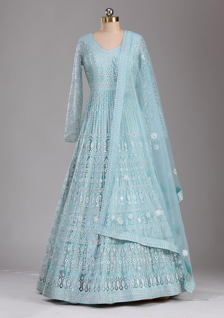 Sky Blue Silver Stonework Net Readymade Lehenga
