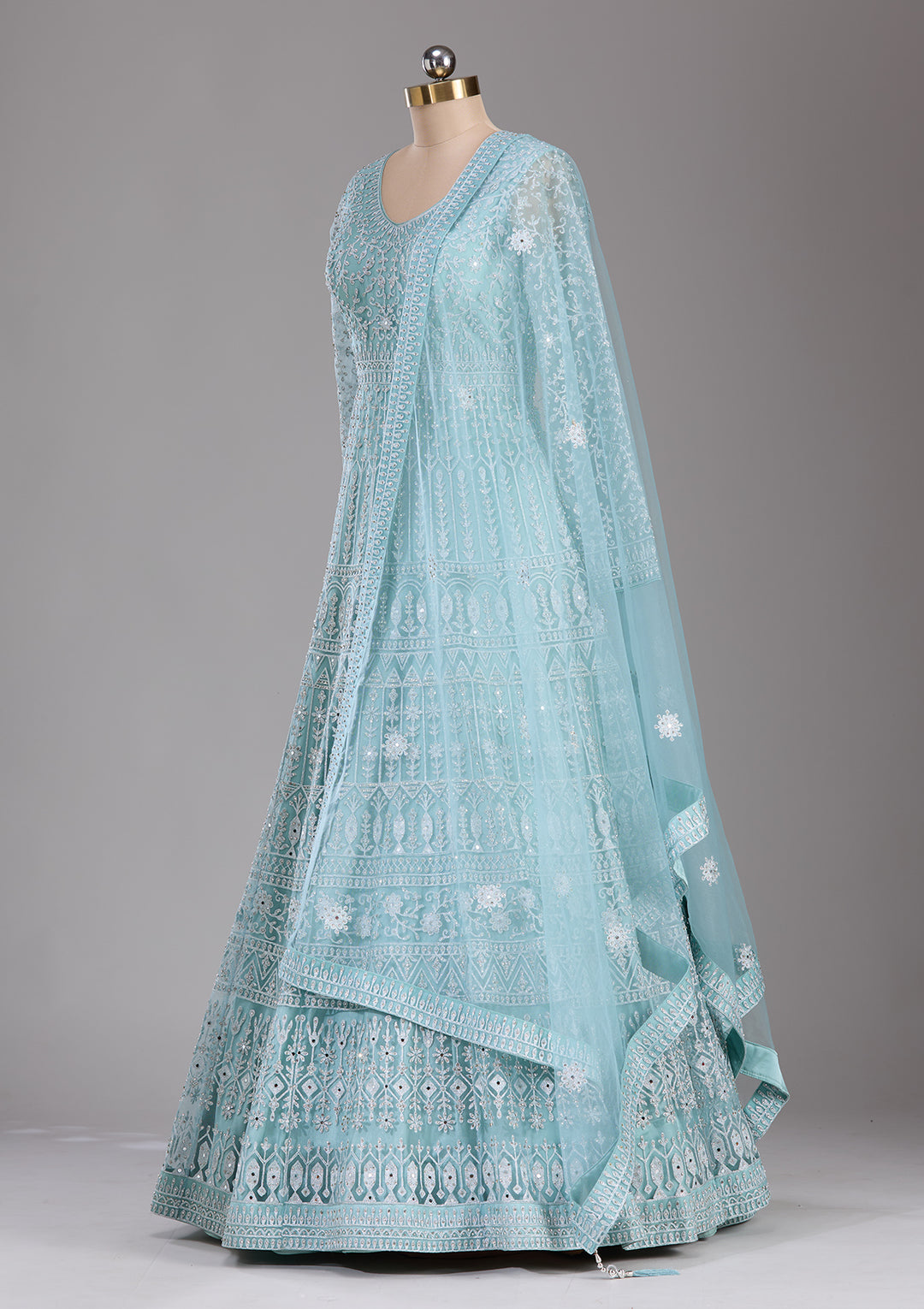 Sky Blue Silver Stonework Net Readymade Lehenga