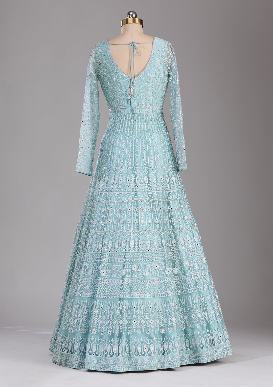 Sky Blue Silver Stonework Net Readymade Lehenga