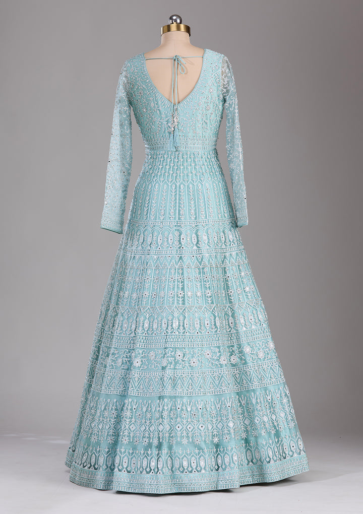 Sky Blue Silver Stonework Net Readymade Lehenga