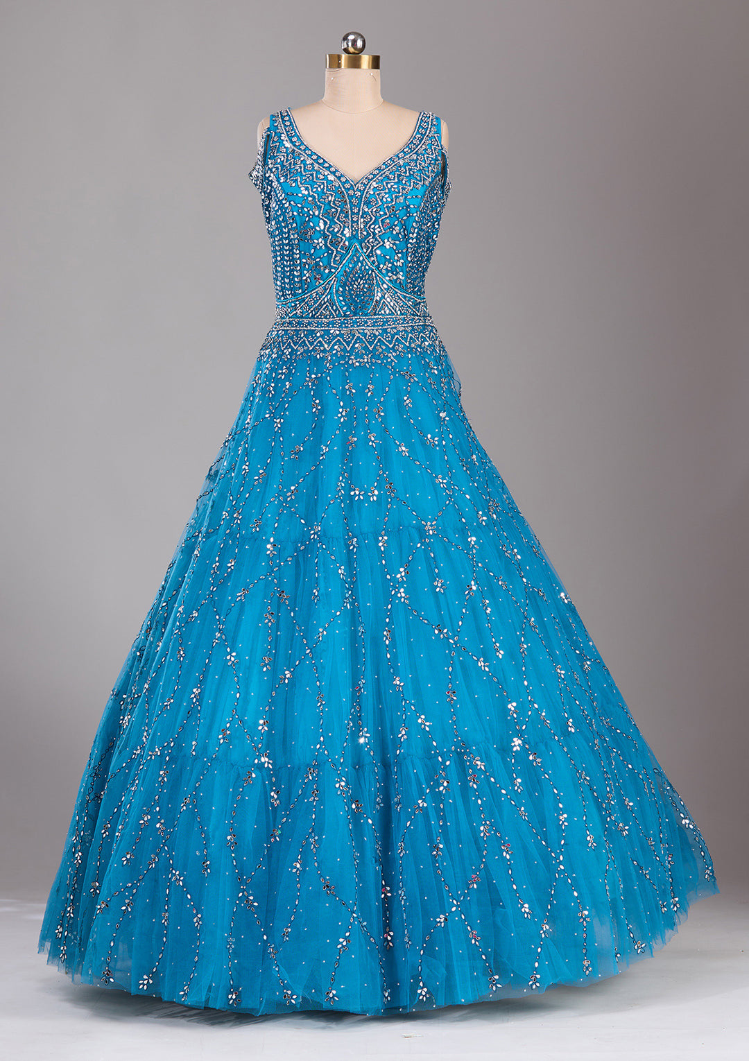 Peacock Blue Silver Stonework Net Readymade Lehenga