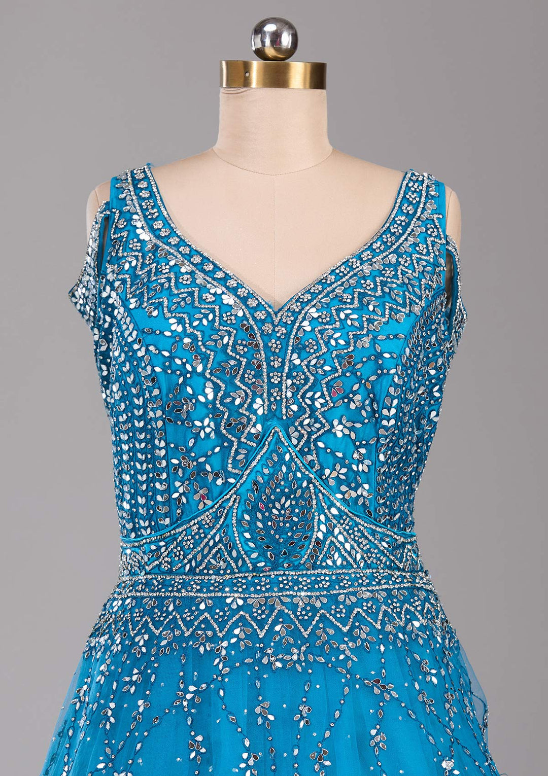 Peacock Blue Silver Stonework Net Readymade Lehenga
