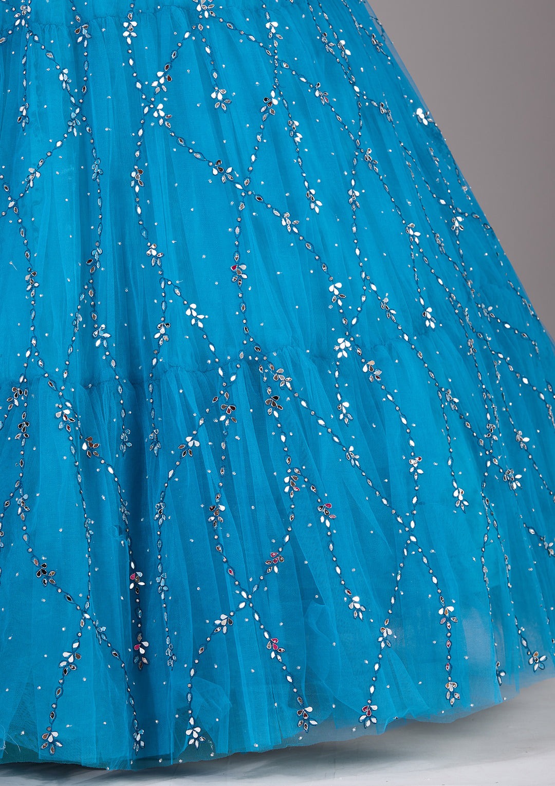 Peacock Blue Silver Stonework Net Readymade Lehenga