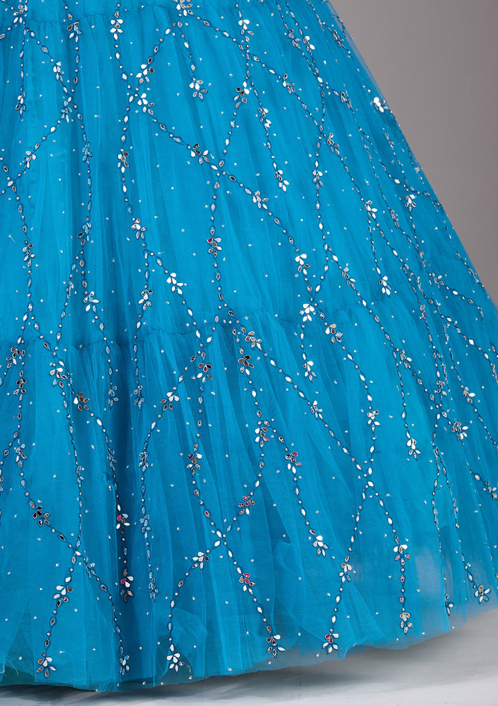 Peacock Blue Silver Stonework Net Readymade Lehenga
