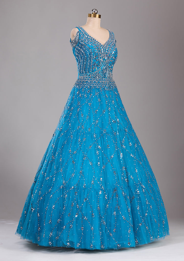 Peacock Blue Silver Stonework Net Readymade Lehenga