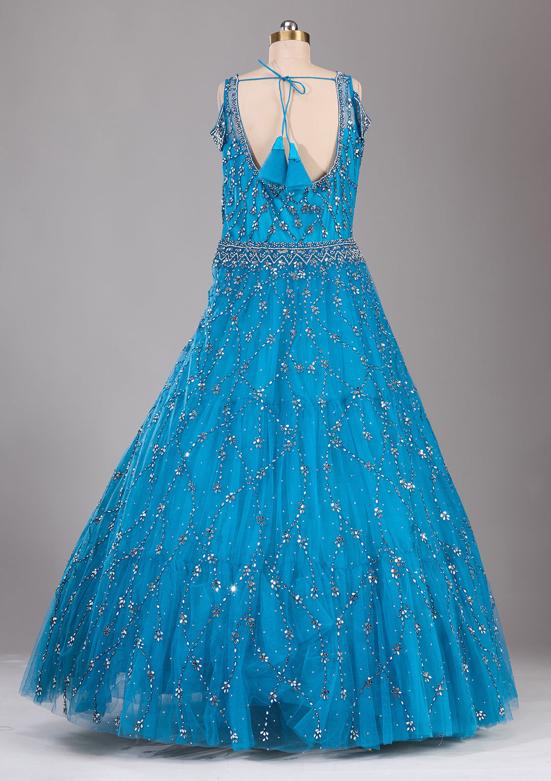 Peacock Blue Silver Stonework Net Readymade Lehenga