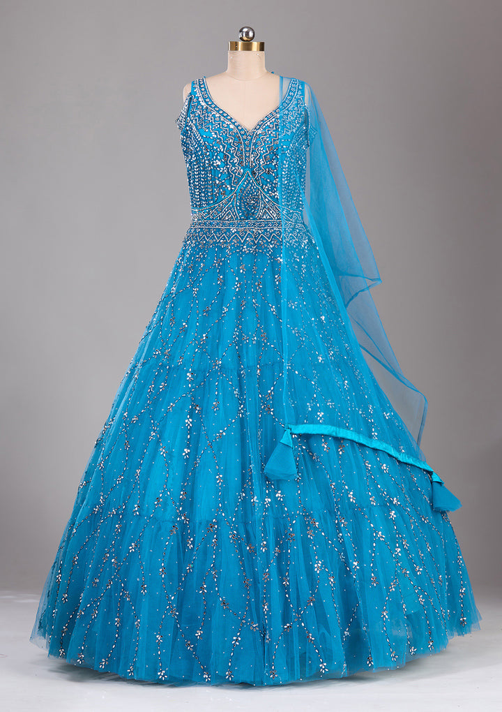 Peacock Blue Silver Stonework Net Readymade Lehenga