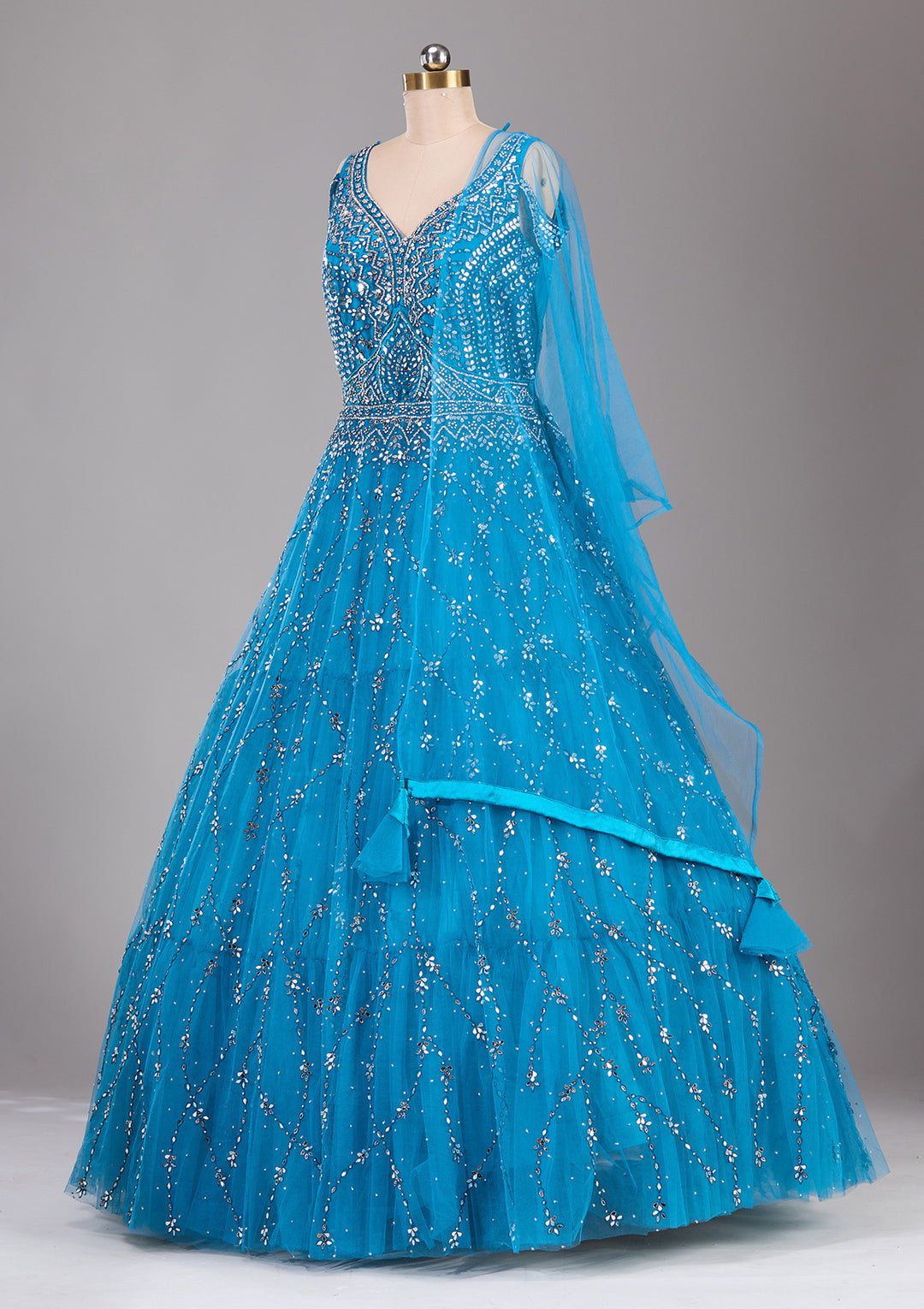 Peacock Blue Silver Stonework Net Readymade Lehenga