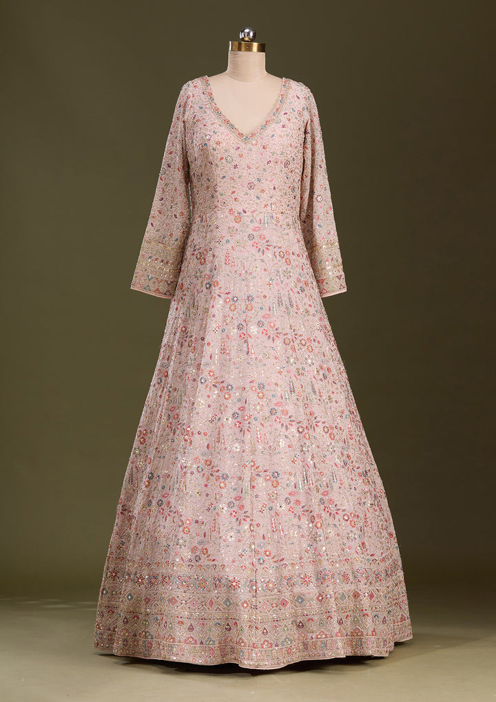 Peach Threadwork Georgette Readymade Lehenga