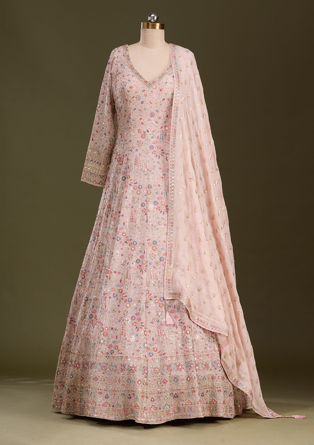 Peach Threadwork Georgette Readymade Lehenga