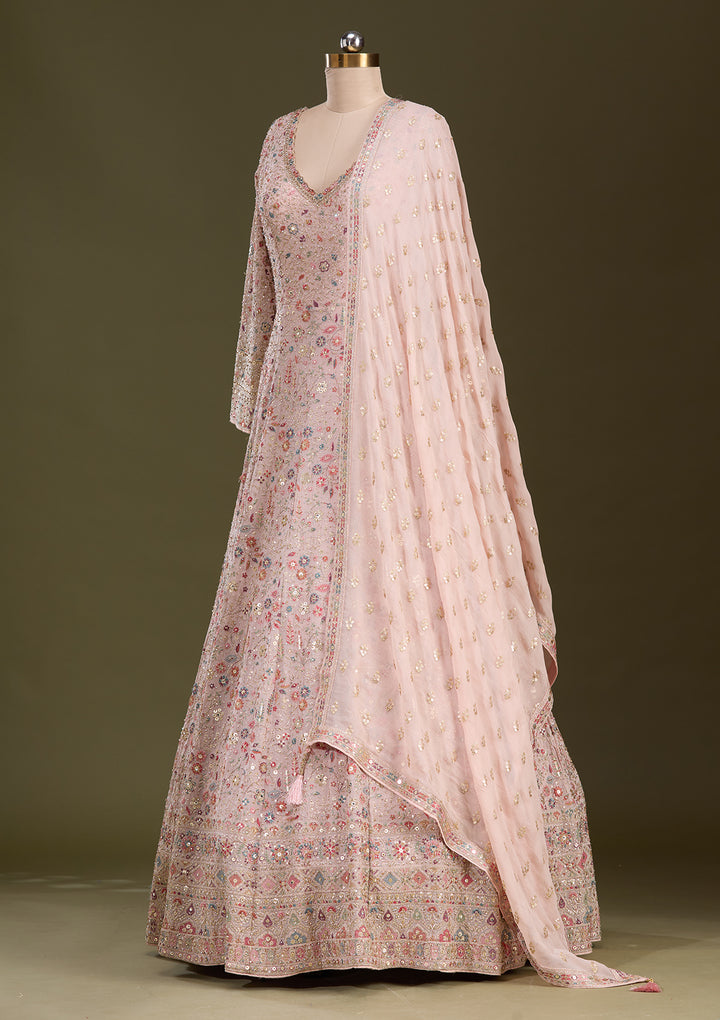 Peach Threadwork Georgette Readymade Lehenga