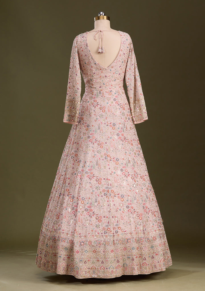 Peach Threadwork Georgette Readymade Lehenga