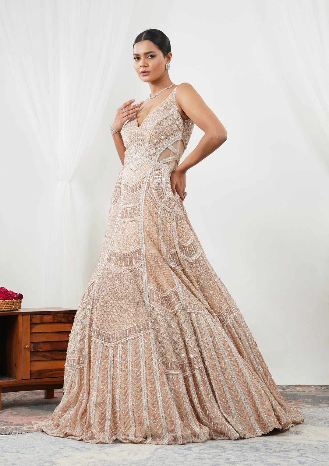 Peach Stonework Net Gown
