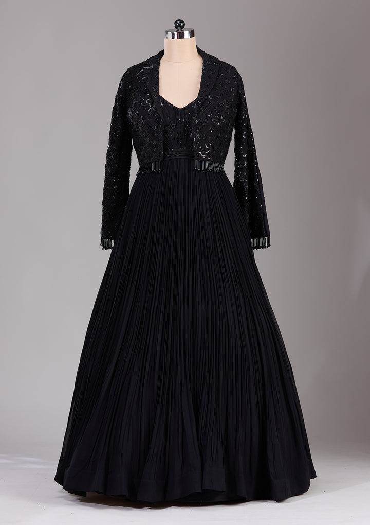 Black Stonework Satin Readymade Lehenga