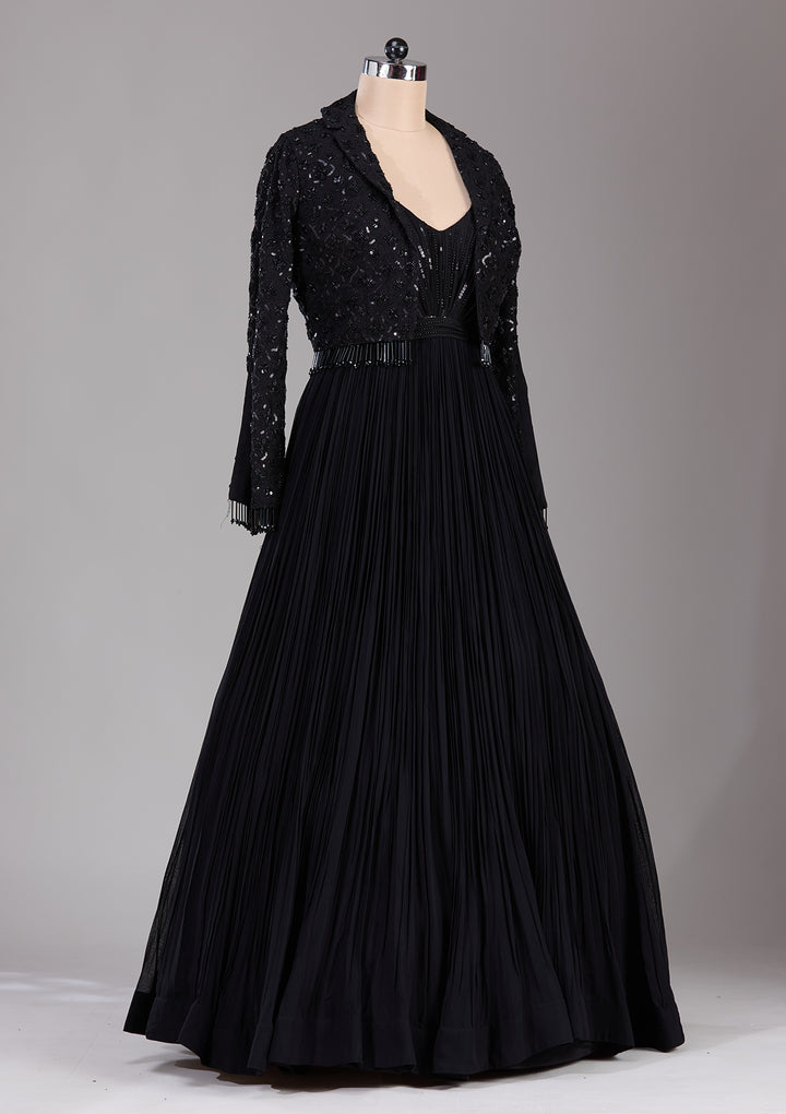 Black Stonework Satin Readymade Lehenga