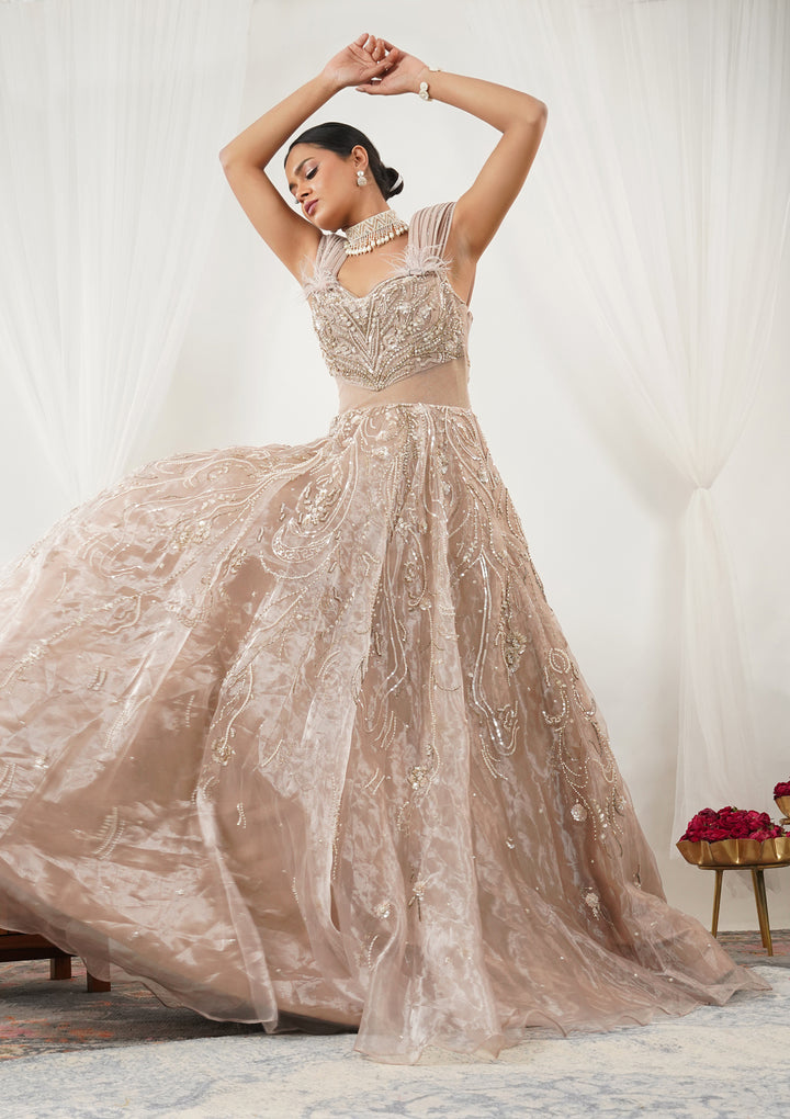 Beige Pearlwork Tissue Gown