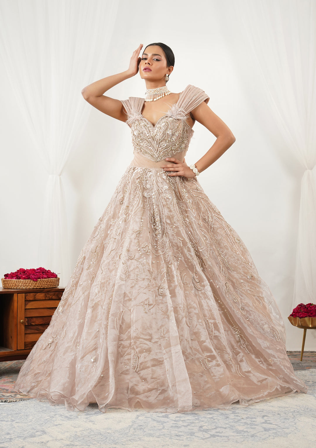 Beige Pearlwork Tissue Gown