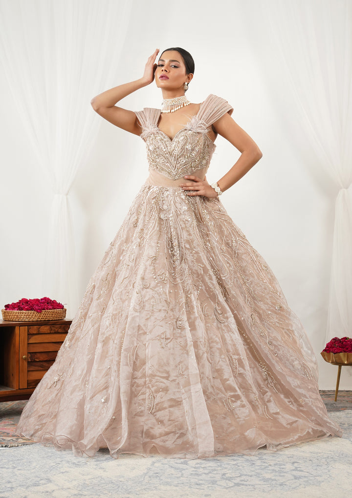 Beige Pearlwork Tissue Gown