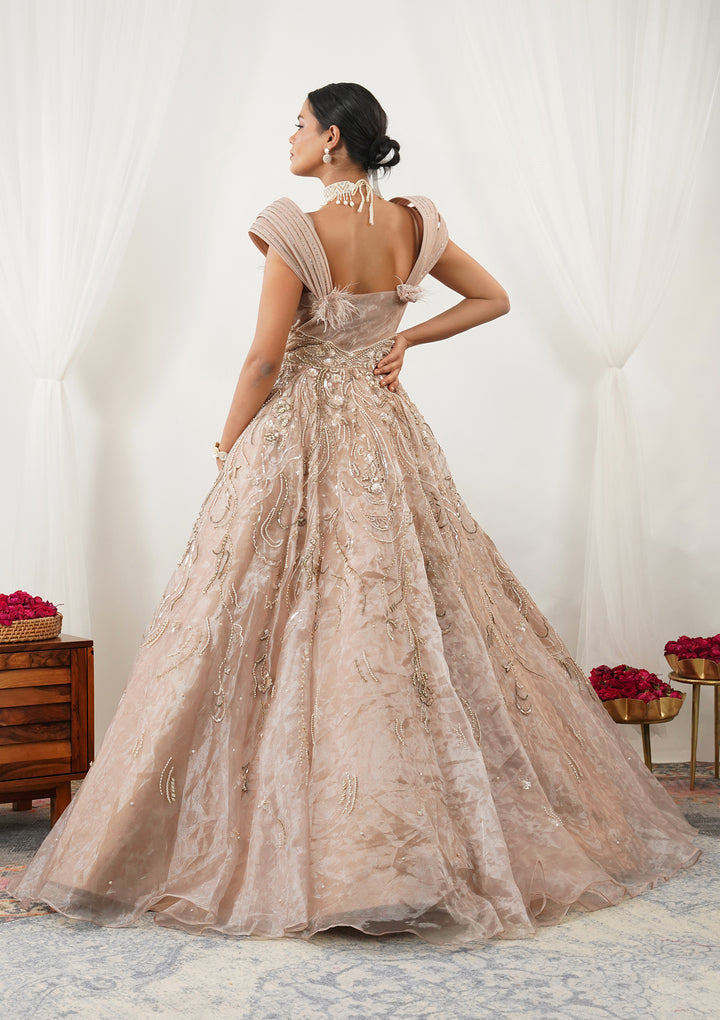 Beige Pearlwork Tissue Gown