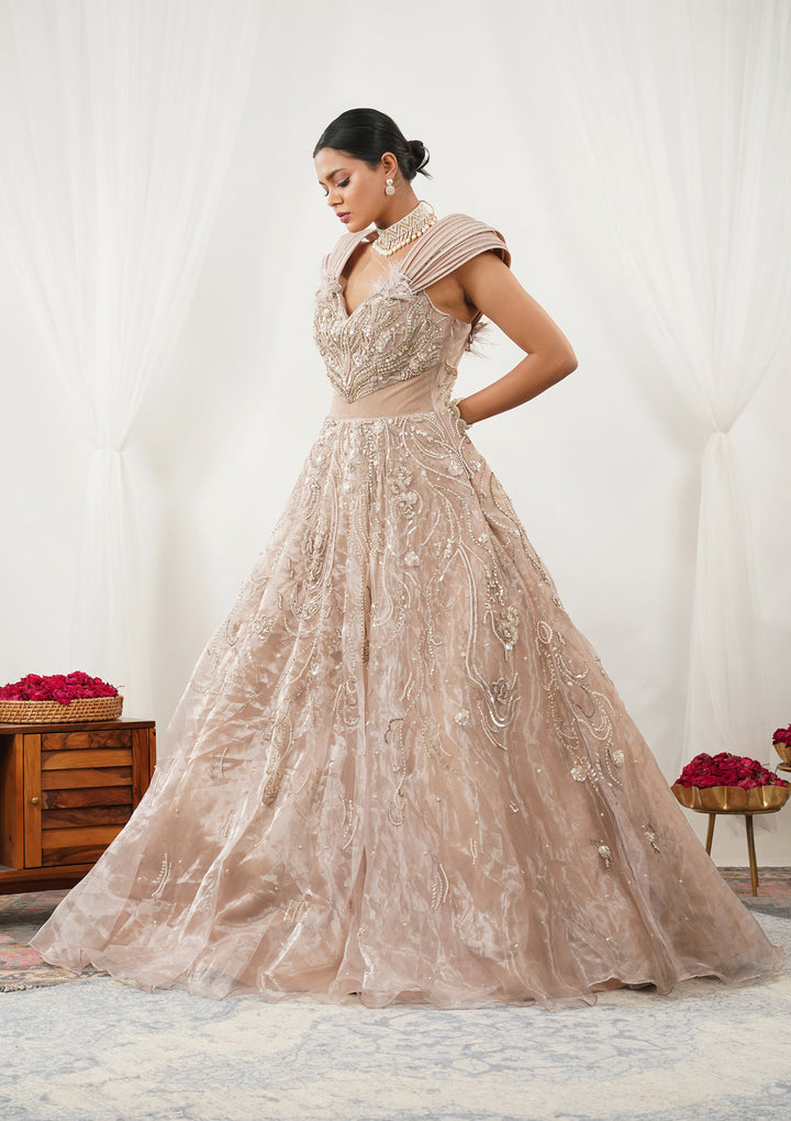 Beige Pearlwork Tissue Gown