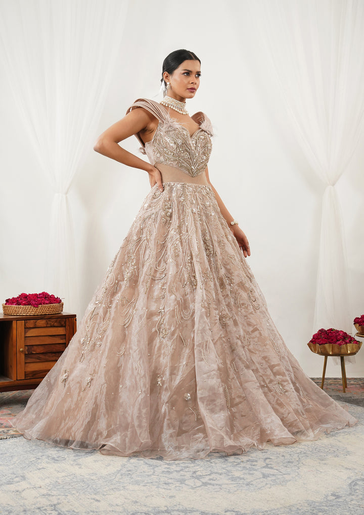 Beige Pearlwork Tissue Gown