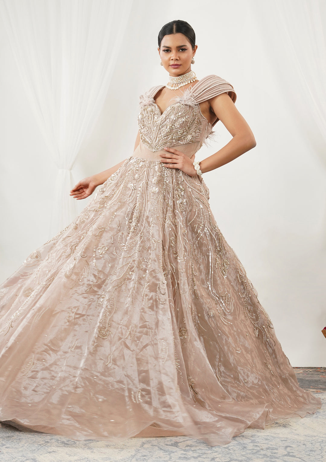 Beige Pearlwork Tissue Gown