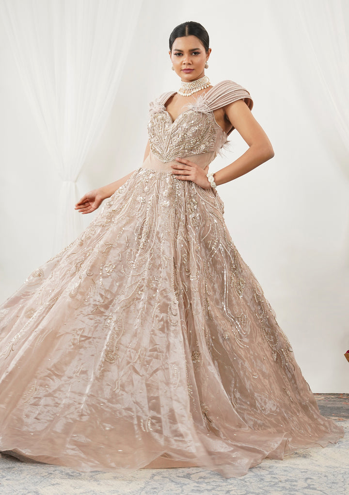 Beige Pearlwork Tissue Gown