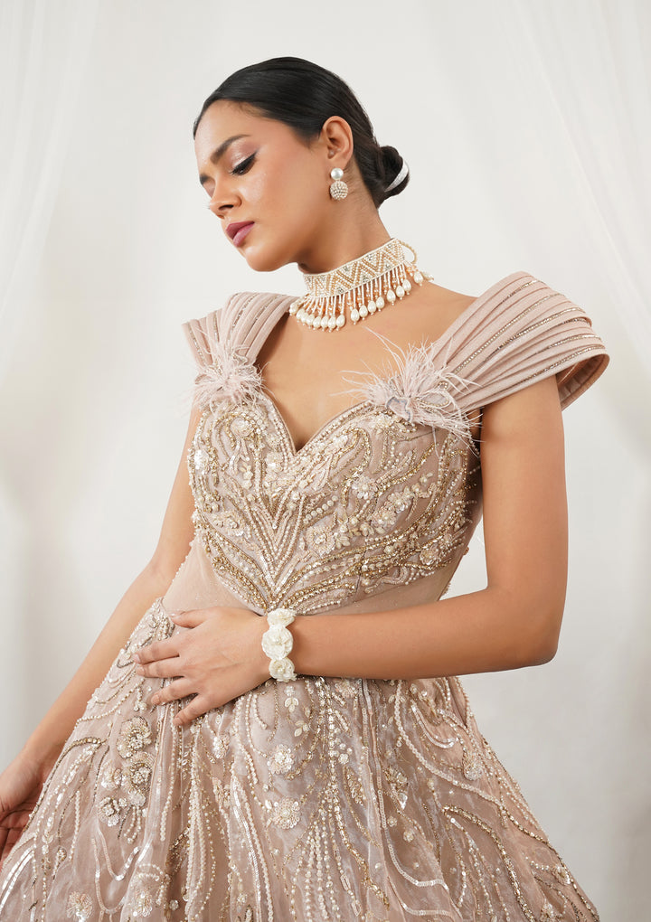 Beige Pearlwork Tissue Gown