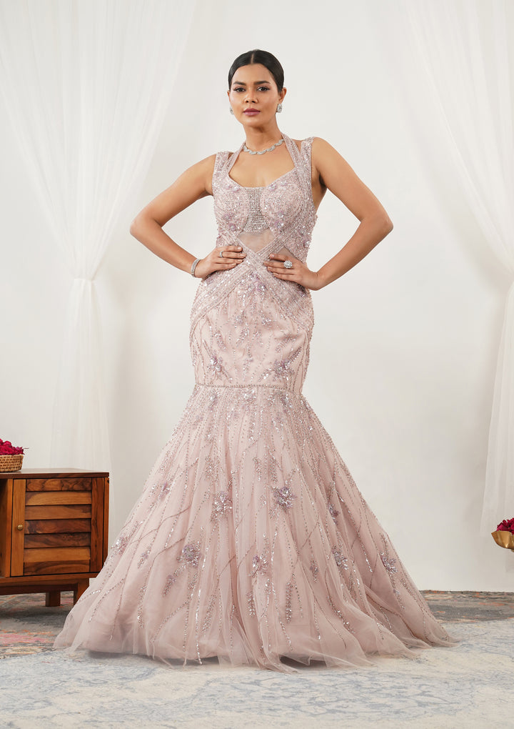 Baby Pink Stonework Net Gown