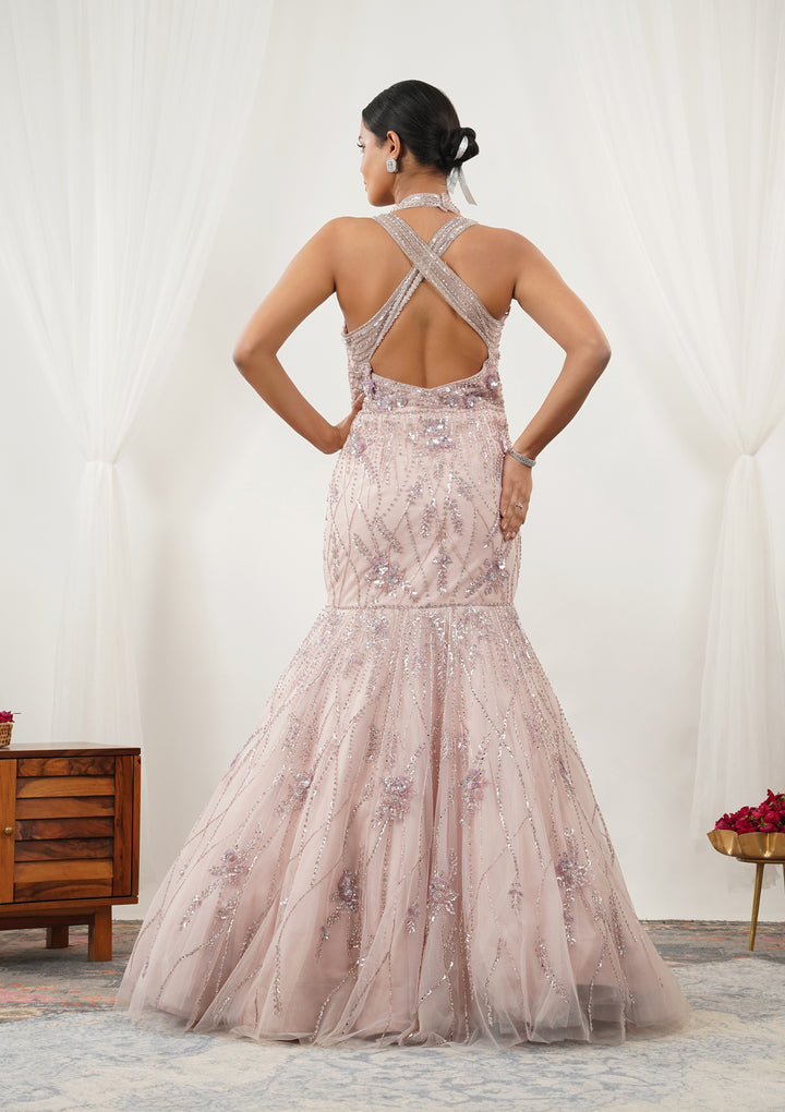 Baby Pink Stonework Net Gown