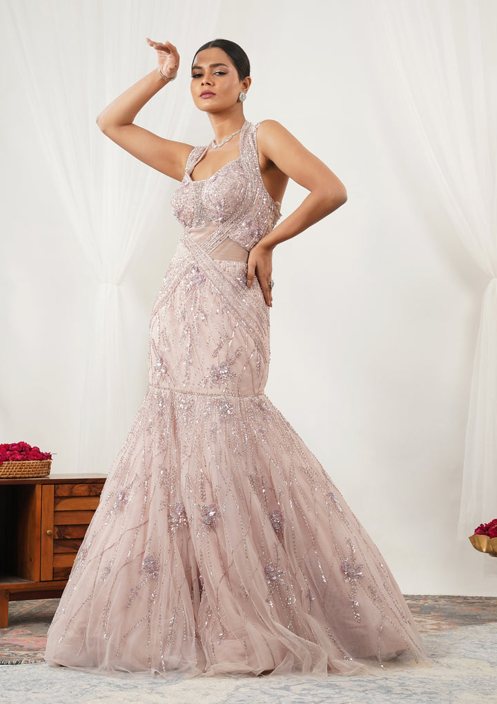 Baby Pink Stonework Net Gown