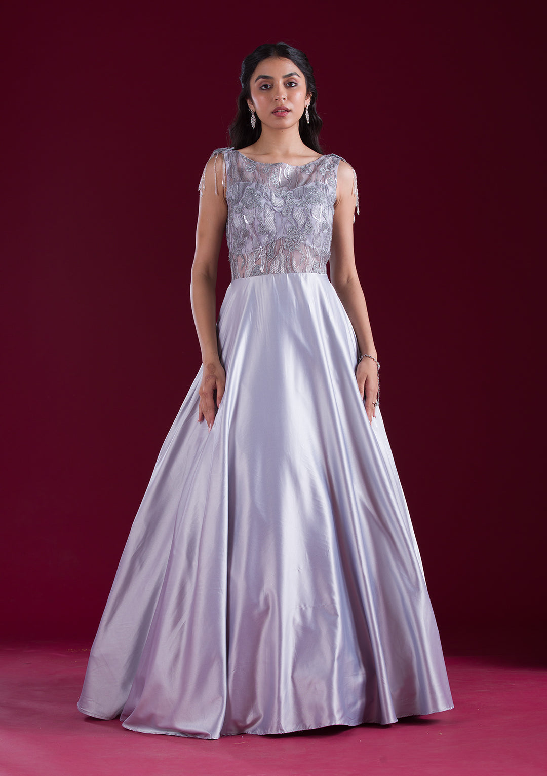Grey Sequins Satin Gown