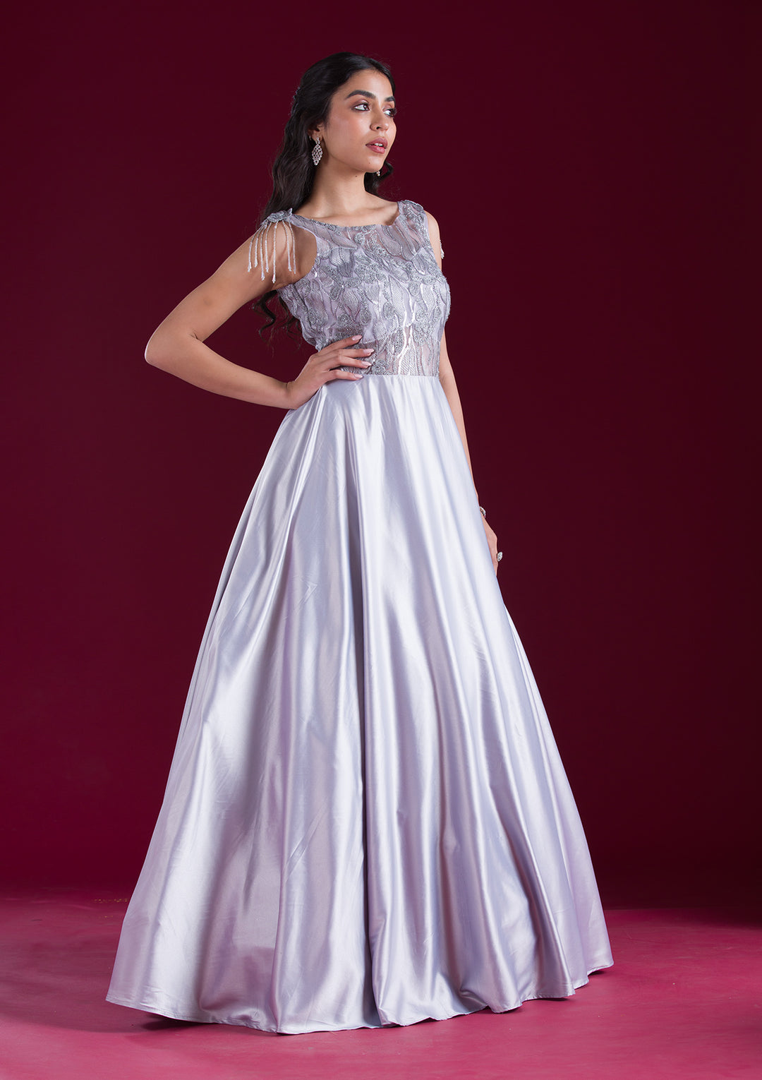 Grey Sequins Satin Gown