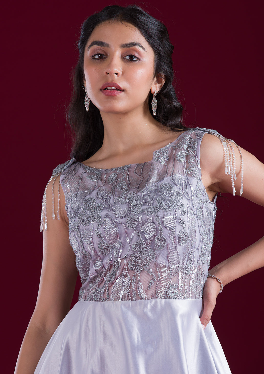 Grey Sequins Satin Gown