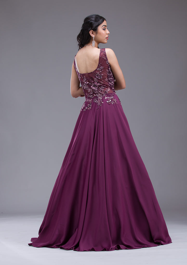 Wine Sequins Satin Gown