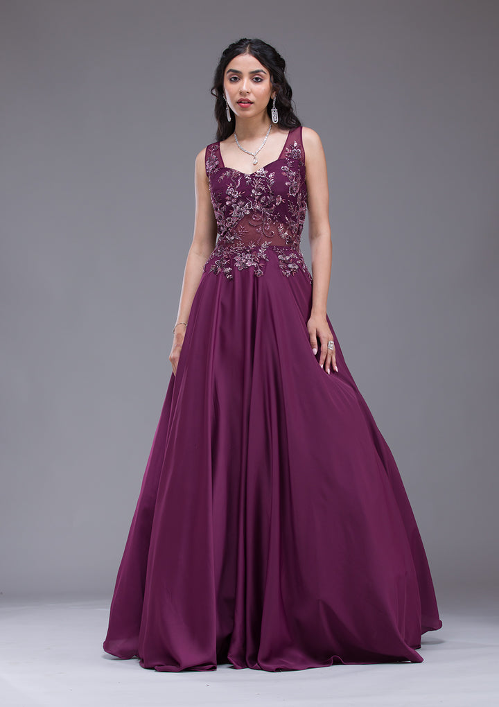 Wine Sequins Satin Gown